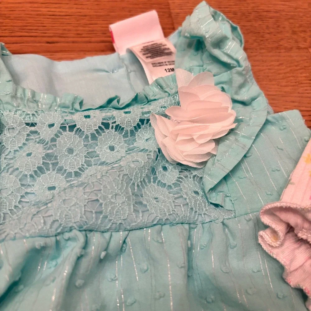 Little Lass‎ Baby Girls 12M Aqua Lace Flower top Ruffle Shorts Set Spring - Picture 2 of 11